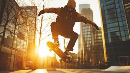 A skateboarder performing a trick mid-air against a cityscape at sunset.