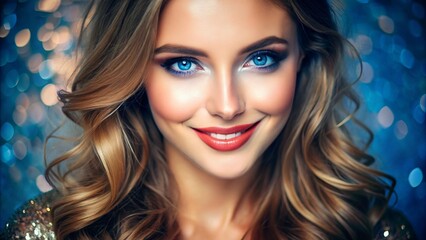 Fototapeta premium Attractive young woman with flawless skin and vibrant makeup poses confidently, her bright blue eyes sparkling with a warm and inviting smile.