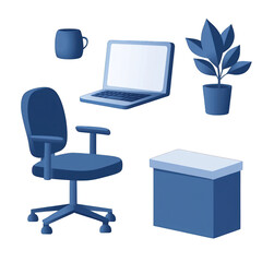 Naklejka premium 3D illustration of office essentials including a chair, laptop, drawer, mug, and plant, perfect for workplace-themed designs. transparent background