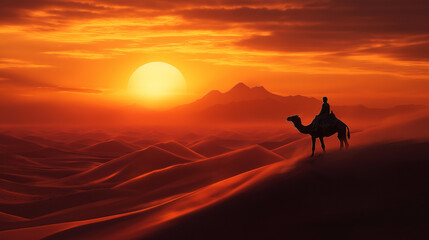 A lone camel rider silhouetted against a stunning desert sunset.