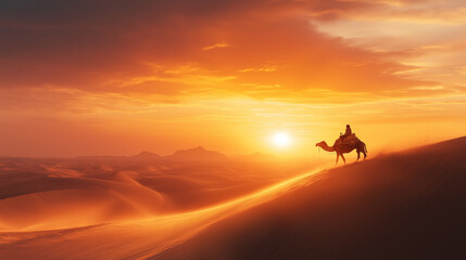 A lone camel rider silhouetted against a stunning desert sunset.