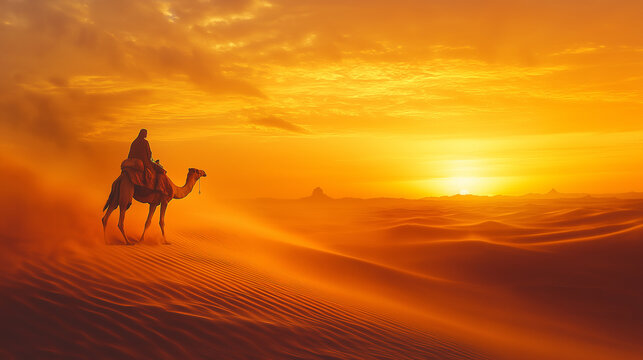 A lone camel rider silhouetted against a stunning desert sunset. - Powered by Adobe