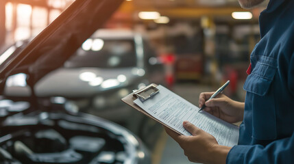 A mechanic holding a clipboard while inspecting a car in an auto repair shop.