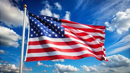 Fototapeta premium A vibrant Stars and Stripes flag waves proudly in the wind, its bold red and white horizontal stripes and blue canton with white stars shining brightly.