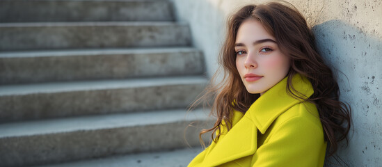 A girl with dark long hair in a bright green coat leaned against a concrete wall, behind the girl there were concrete steps leading up.