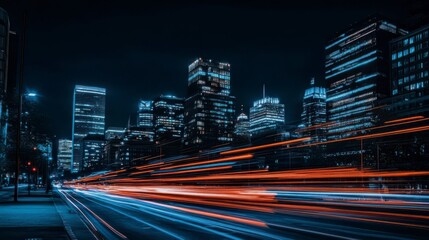 Fototapeta premium Night cityscape with vibrant light trails speeding through a street between tall skyscrapers.