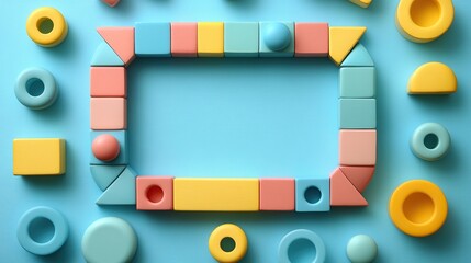 Naklejka premium Xylophone pyramid Montessori blocks framed on pastel blue background flat lay.