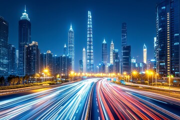 Fototapeta premium Night cityscape with vibrant light trails speeding through a street between tall skyscrapers.