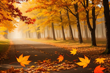 公園内の道路と紅葉のある秋の風景