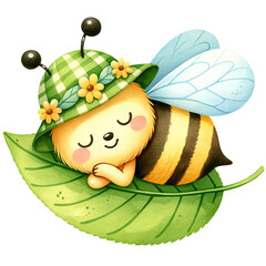 Cute illustration of a sleeping bee wearing a green hat with flowers, resting on a leaf. Perfect for children's content and spring themes.