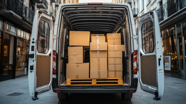 A delivery van with its back doors open, filled with cardboard boxes.