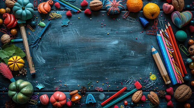 Colorful school supplies frame on blackboard background flat lay top view back to school concept