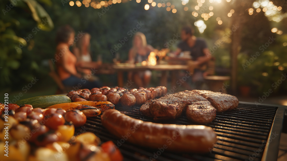 Wall mural grilled meats and vegetables on a barbecue with people in the background.