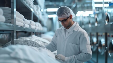 Health Inspector in Lab Coat Conducting Sanitation Check in Industrial Laundry Facility with Focused Attention