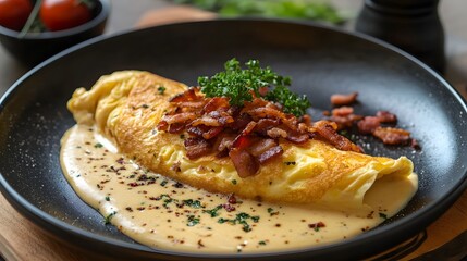 Fototapeta premium A mouthwatering image of a fluffy omelet topped with crispy bacon and a creamy sauce. 
