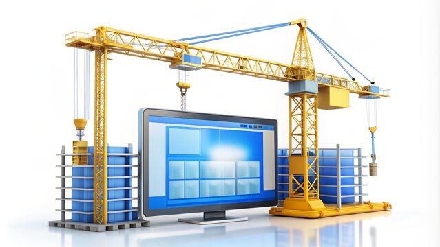 A white screen with a yellow crane and blue construction elements surrounding a half-built website, indicating a web page under construction.