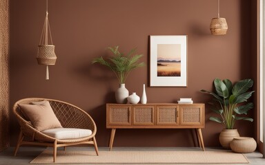 Cozy home interior with wooden furniture on brown background, empty wall mockup in boho decoration, 3d render
