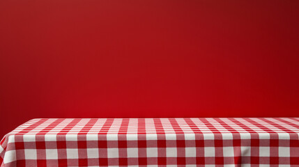 A table with a red and white checkered tablecloth against a matching red wall.