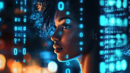 A striking double exposure of an African American woman's face intertwined with glowing binary code, representing the digital era with neon blue tones. Her curly hair and intense eyes reflect light am
