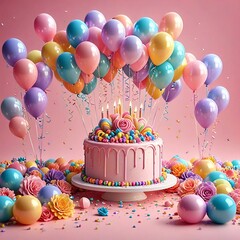 birthday cake with candles and colorful balloons