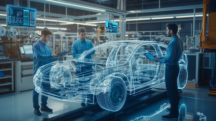 Engineers working on a digital car design in a high-tech automotive factory.