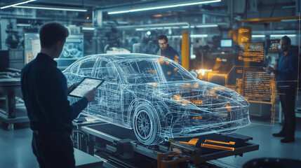 Engineers working on a digital car design in a high-tech automotive factory.