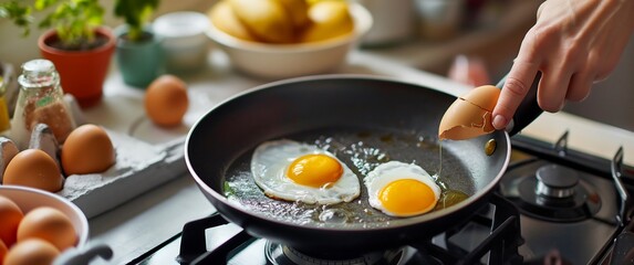 A woman's hand is seen peeling an egg into the pan on which two eggs have been fried, creating delicious breakfast ingredients for cooking in her kitchen at home