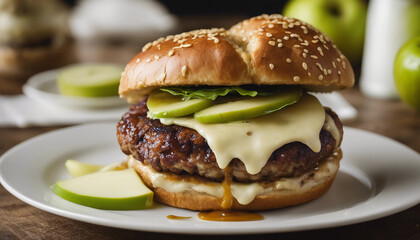 Decadent Brie and Apple Burger A close-up of a gourmet burger featuring a beef patty topped
