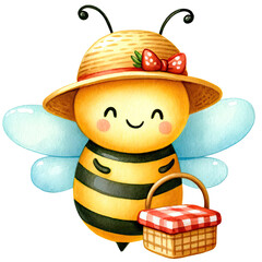 Cute cartoon bee with a picnic basket and straw hat, watercolored illustration, perfect for children's book or nursery decor.