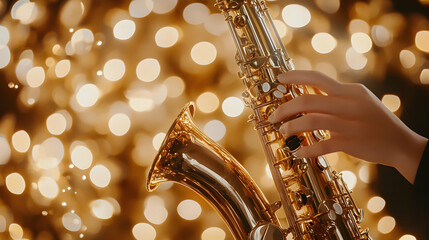 Hands playing a golden saxophone with a background of soft, golden bokeh lights, capturing the intimate moment of music creation.