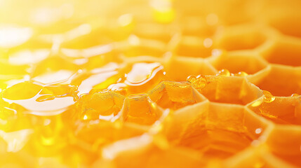Close-up of honey dripping from a honeycomb against a yellow background.