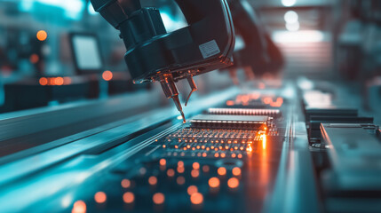 CPU inside a circuit board factory. This image is part of a series showcasing semiconductors and microchips being installed by robots on a motherboard, illustrating advanced manufacturing processes 