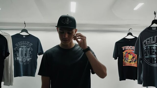 A young man in his 20s stands in a trendy streetwear store, adjusting his baseball cap slightly, with graphic t-shirts displayed around him, creating a casual, urban vibe