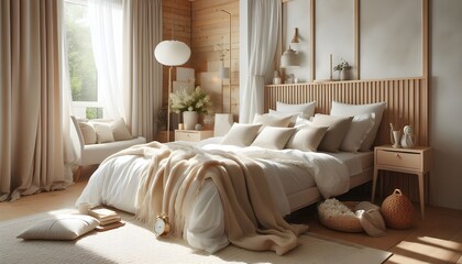 Fototapeta premium country interior design of modern bedroom with white and cream pillows on bed