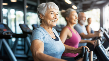 Fototapeta premium Senior women exercising on treadmills at a gym, smiling and enjoying their workout.