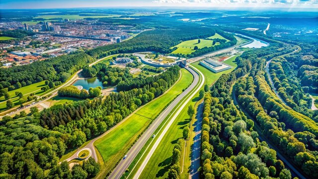 Bird's eye view of Monza's Circuit, Italy, showcasing the iconic Formula One racing track, surrounding trees, and sprawling landscape on a sunny day.