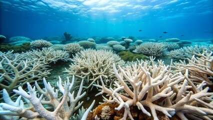 Obraz premium Bleached and damaged coral reef, once thriving with marine life, now lies barren and still, a stark reminder of the devastating impact of climate change.