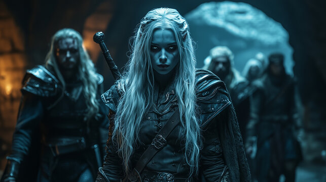drow female warrior with long white hair and fierce expression leading a group through a shadowy cave, radiating power and determination