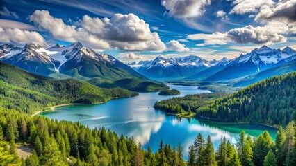 Naklejka premium Breathtaking panoramic view of snow-capped Olympic Mountains rising above lush green forests and serene turquoise lakes under a vibrant blue sky with wispy clouds.