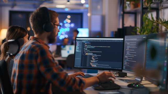 Programmer writing code looking at computer screen technology on internet in application development