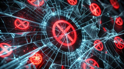 Broken shards of a cracked screen with bold red "no" symbols and warning signs scattered across a dark background, conveying a sense of digital violence.