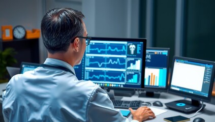 Fototapeta premium Rear view of a mature businessman working with multiple computer monitors in an office