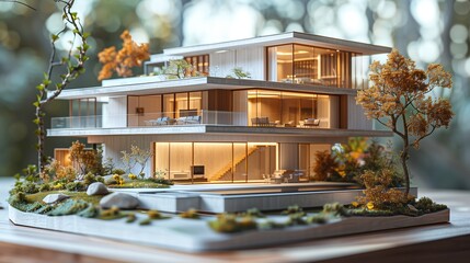 High Fidelity Realistic Mockup of a Modern House Model Amidst Nature in Side View