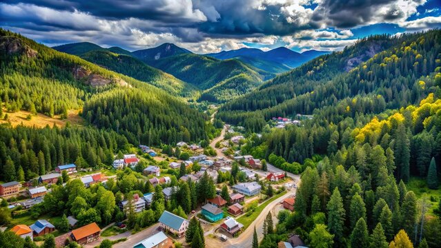 Captivating Aerial View Of Cloudcroft Village Nestled Amidst Towering Mountain Peaks And Verdant Forests.