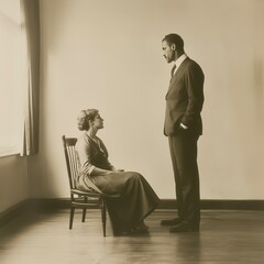 A vintage illustration depicting a tense moment between a man and a woman, highlighting traditional gender roles, societal expectations, and the power dynamics of past eras.