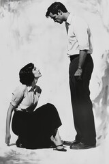 A vintage illustration depicting a tense moment between a man and a woman, highlighting traditional gender roles, societal expectations, and the power dynamics of past eras.