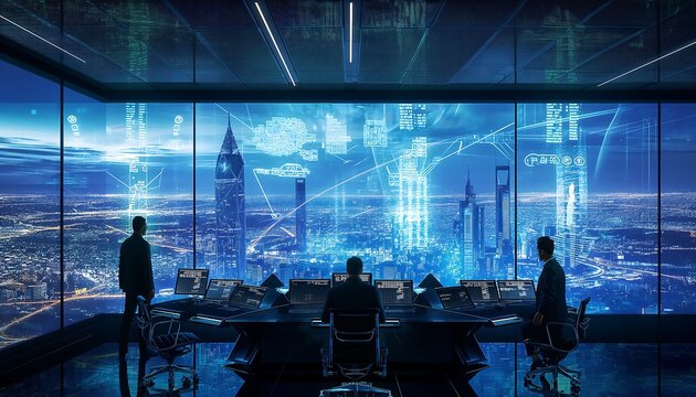 multi person command and control center with a huge holographic projection of a Saudi Arabia, blue skies, futuristic city in the Arabian desert in the distance