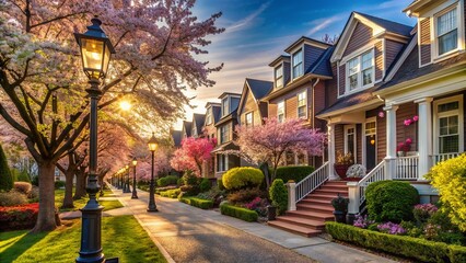 Obraz premium Charming residential street lined with historic townhomes, adorned with blooming flowers, trees, and lanterns, amidst a serene and welcoming suburban neighborhood atmosphere.