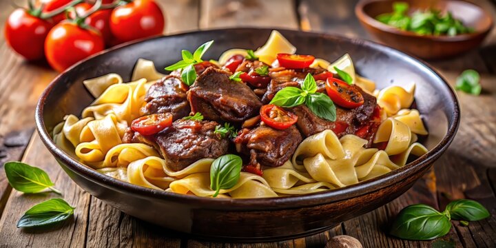 Classic Beef Daube Proven&ccedil;ale with Egg Noodles, Fresh Basil, Sun-Dried Tomatoes, Cozy Autumn Ambiance, Tilted Angle, Soft Focus, Warm Earthy Tones, Savory Flavors