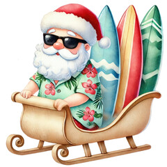 Santa in a Hawaiian shirt and sunglasses rides a sleigh with surfboards, blending Christmas and beach vibes in a fun illustration.